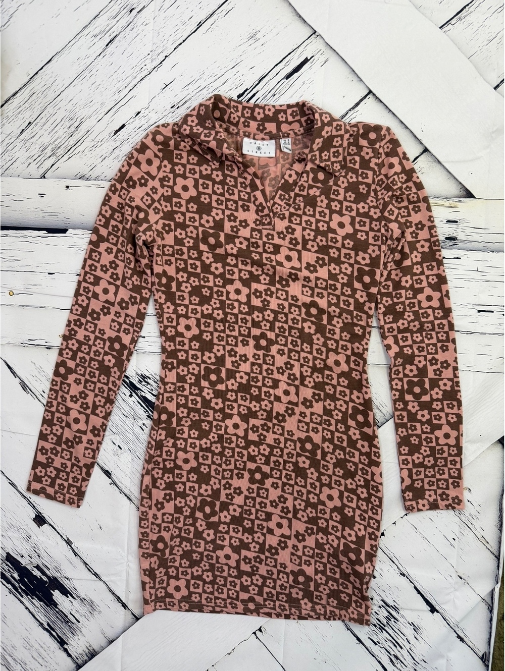 Daisy Street Collared Long Sleeve Mini Dress Y2K 70s Print Women’s Small